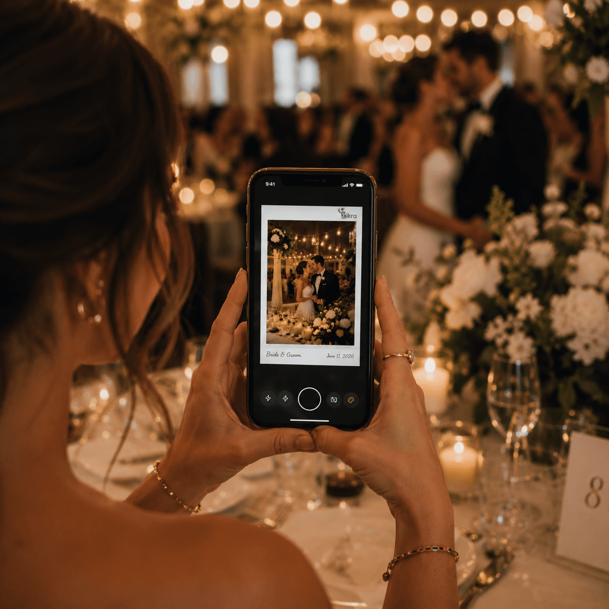 Guest taking a polaroid photo at the wedding using Zikra